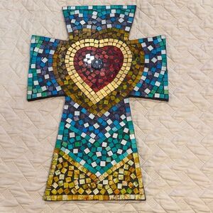Mosaic Cross Wall Art - Multicolor Heart Accent